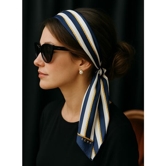 Vintage 1990s Echo Women's Navy Blue & Gold Striped Silk Scarf – Nautical Rope - Picture 1 of 8
